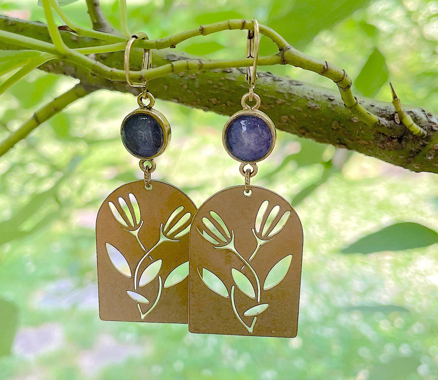 Gold & raw brass lotus drops - flowers, boho, aubergine