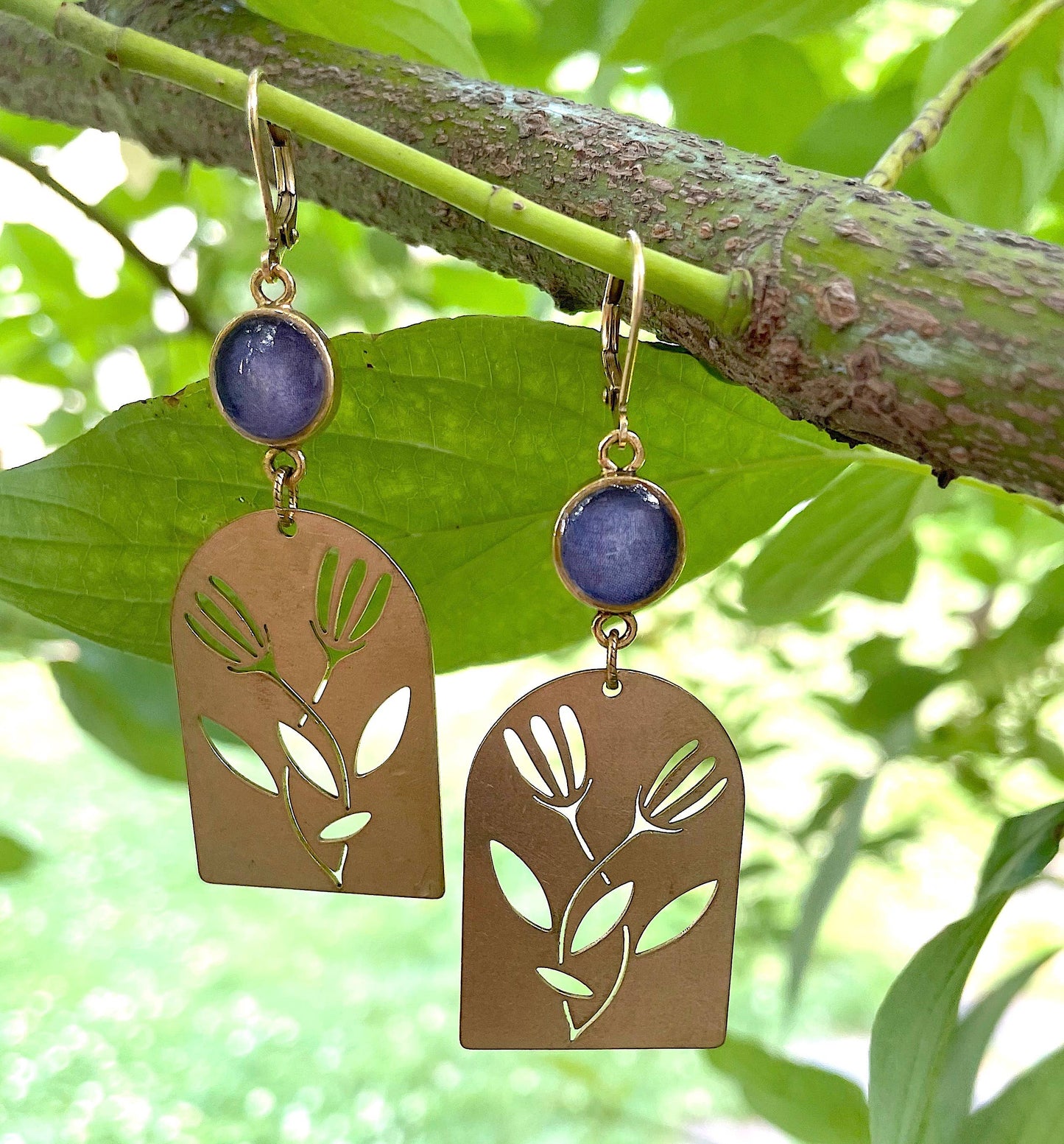 Gold & raw brass lotus drops - flowers, boho, aubergine