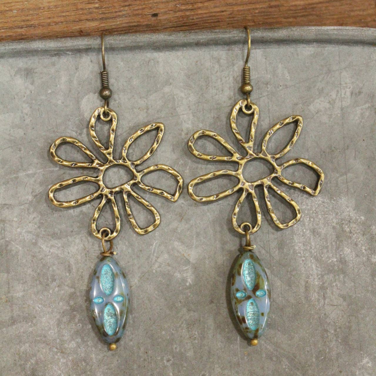 Hammered Wildflower & Glass Czech Pendant Drop Earrings