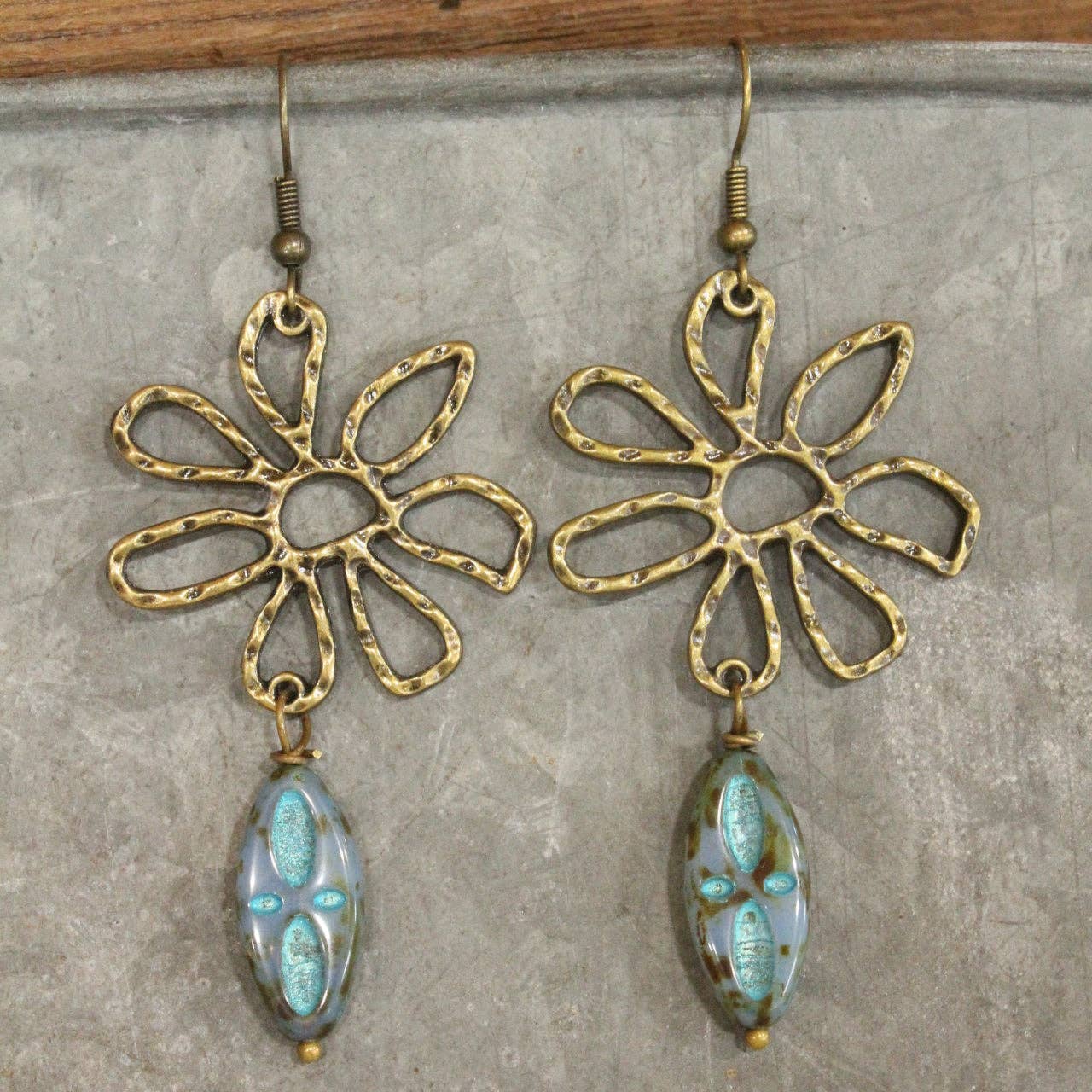 Hammered Wildflower & Glass Czech Pendant Drop Earrings