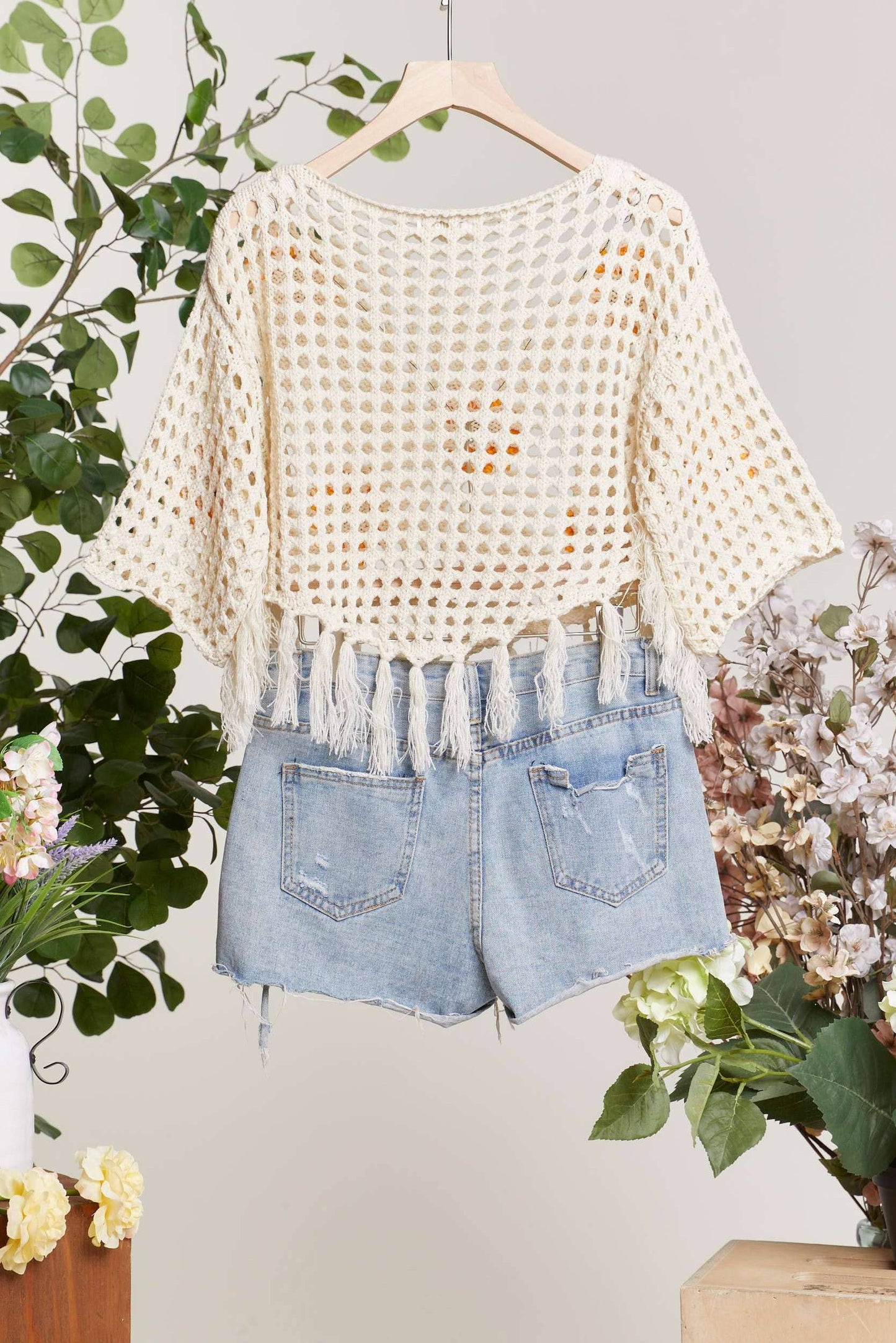 Boat Neck Crochet SunFlower Top with Fringe detail