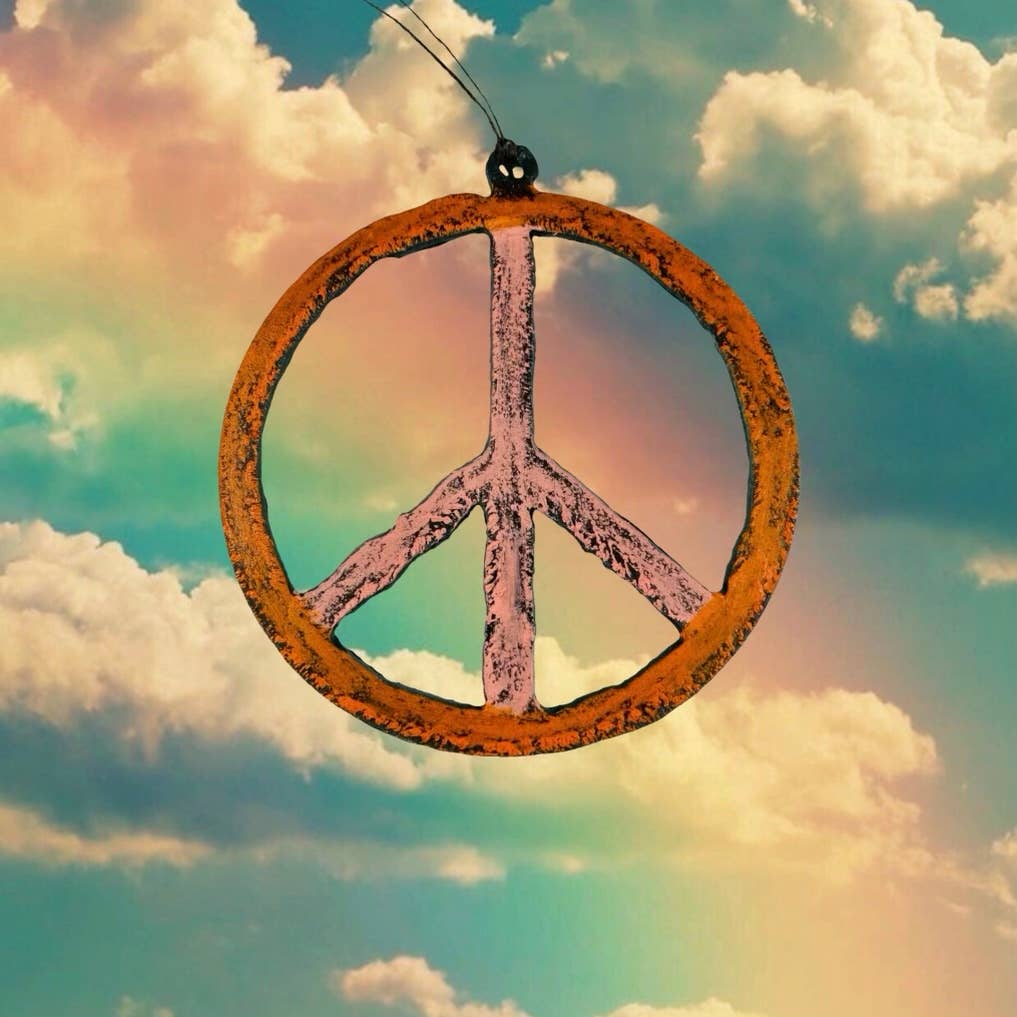 Peace sign ornament hippie recycled metal art USA impulse