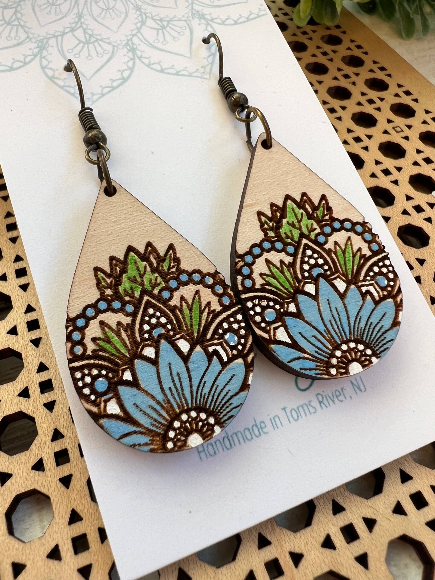 Sunflower blue hand painted lightweight wood earrings
