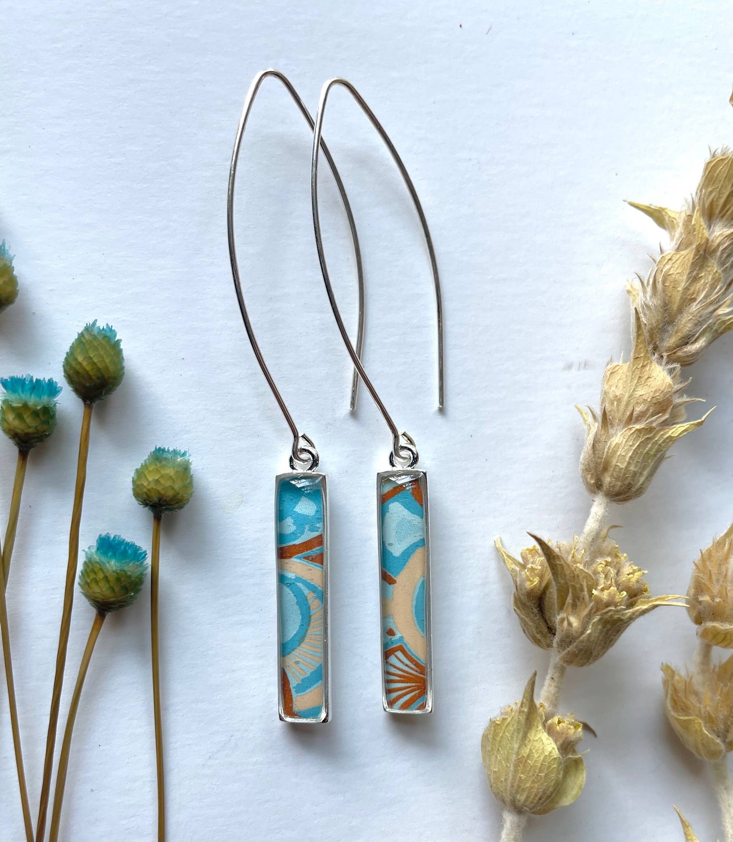 Rectangle Drop Earrings - earthy blue & tan deco, minimalist