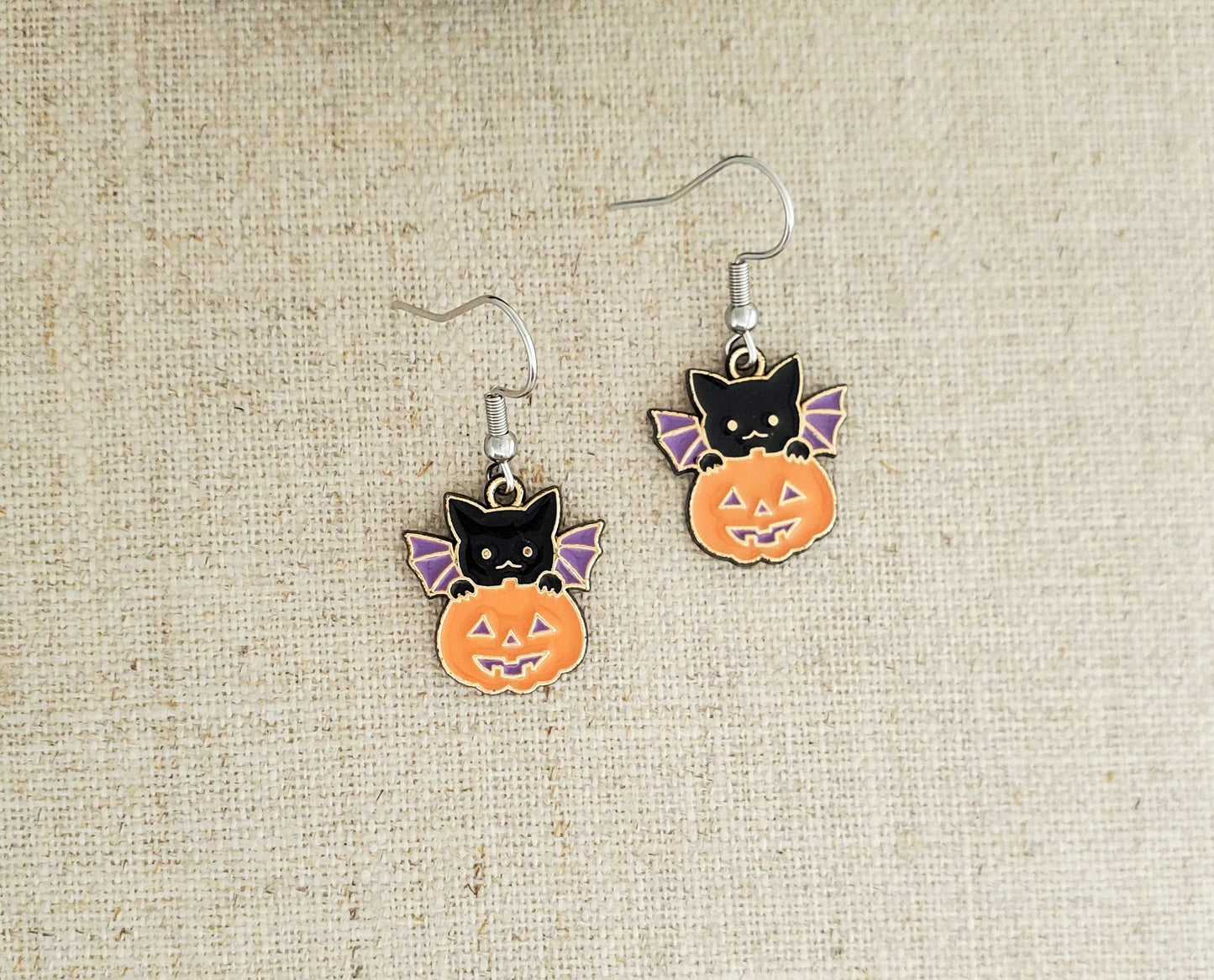 Halloween Cat Bat Pumpkin Enamel & Stainless Earring