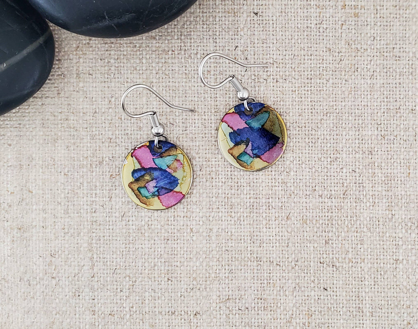 Alcohol Ink Stainless Steel Small Circle Earrings