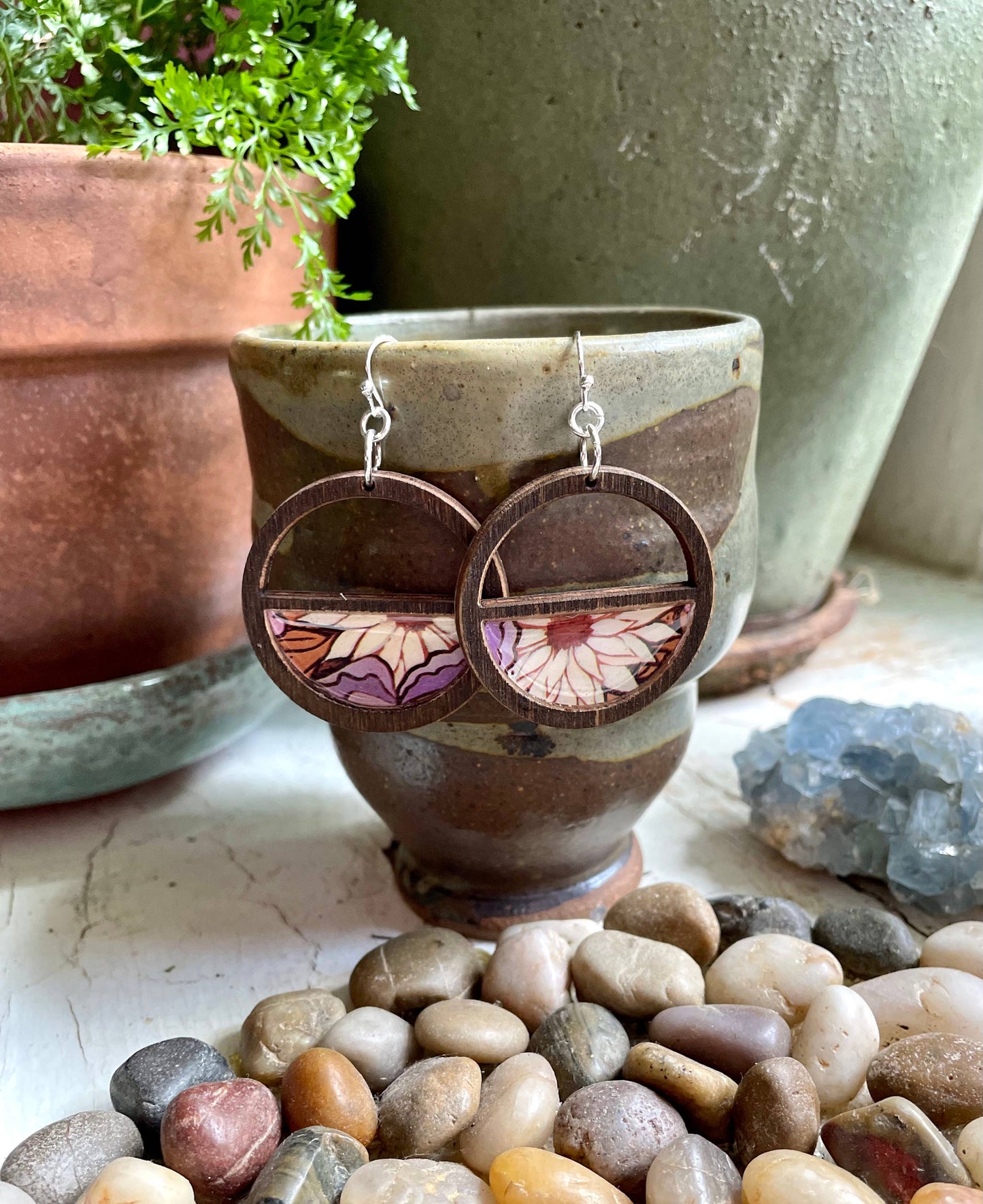 Natural Dark Wood Earrings - retro purple earthy mod flower