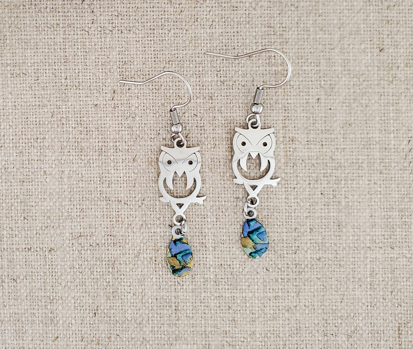 Alcohol Ink Stainless Owl Connector Earrings