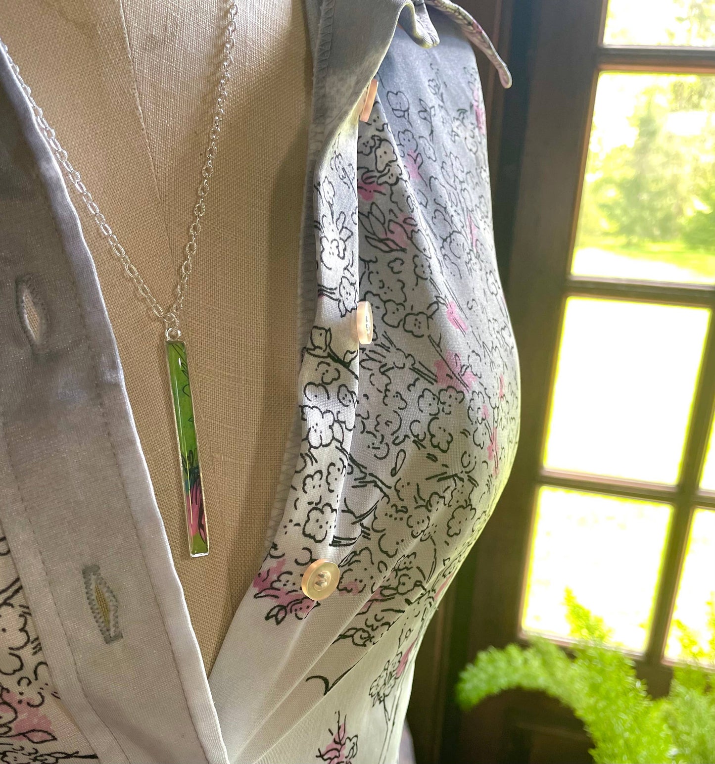 Long slim silver rectangle necklace - preppy pink, green