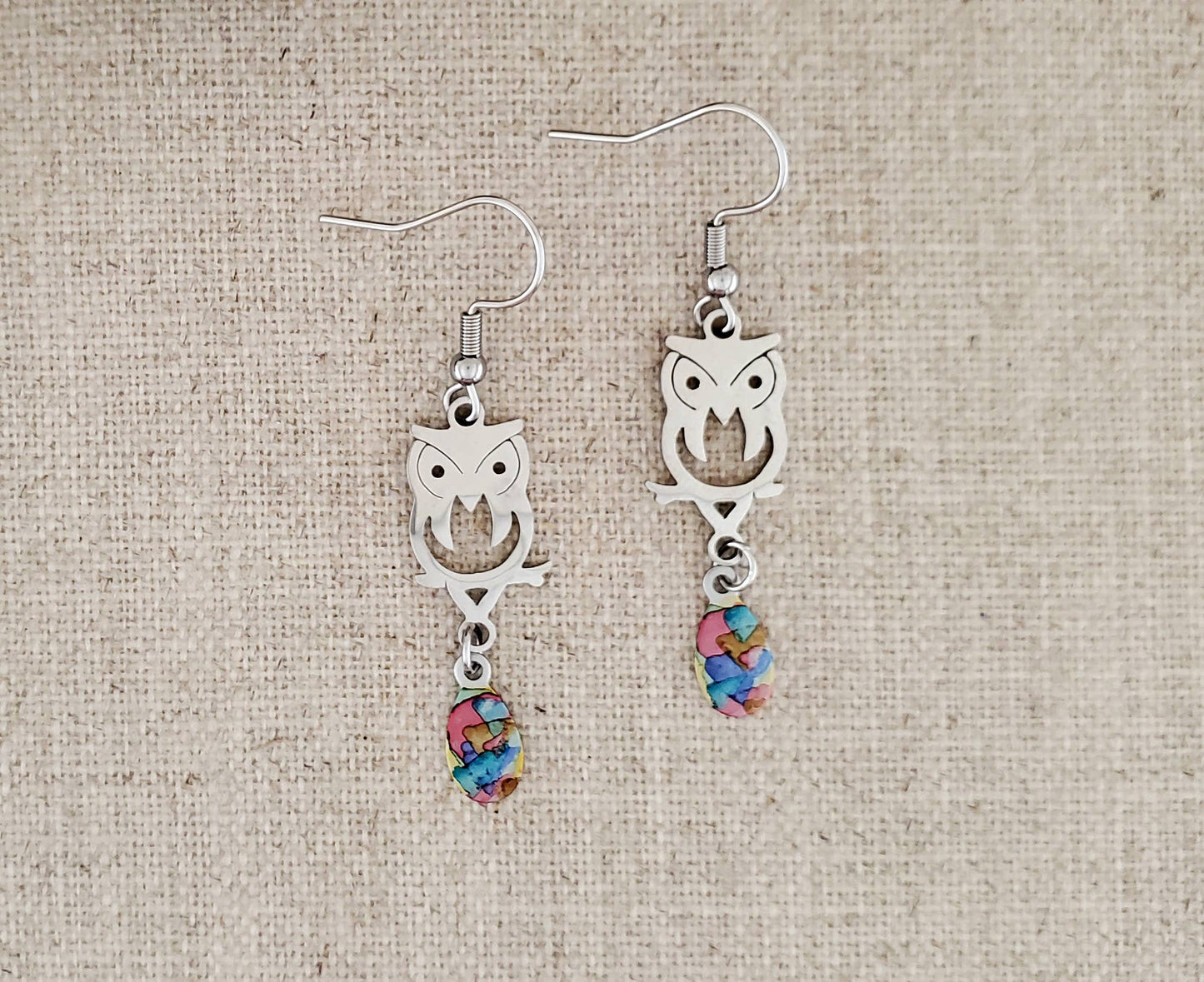 Alcohol Ink Stainless Owl Connector Earrings