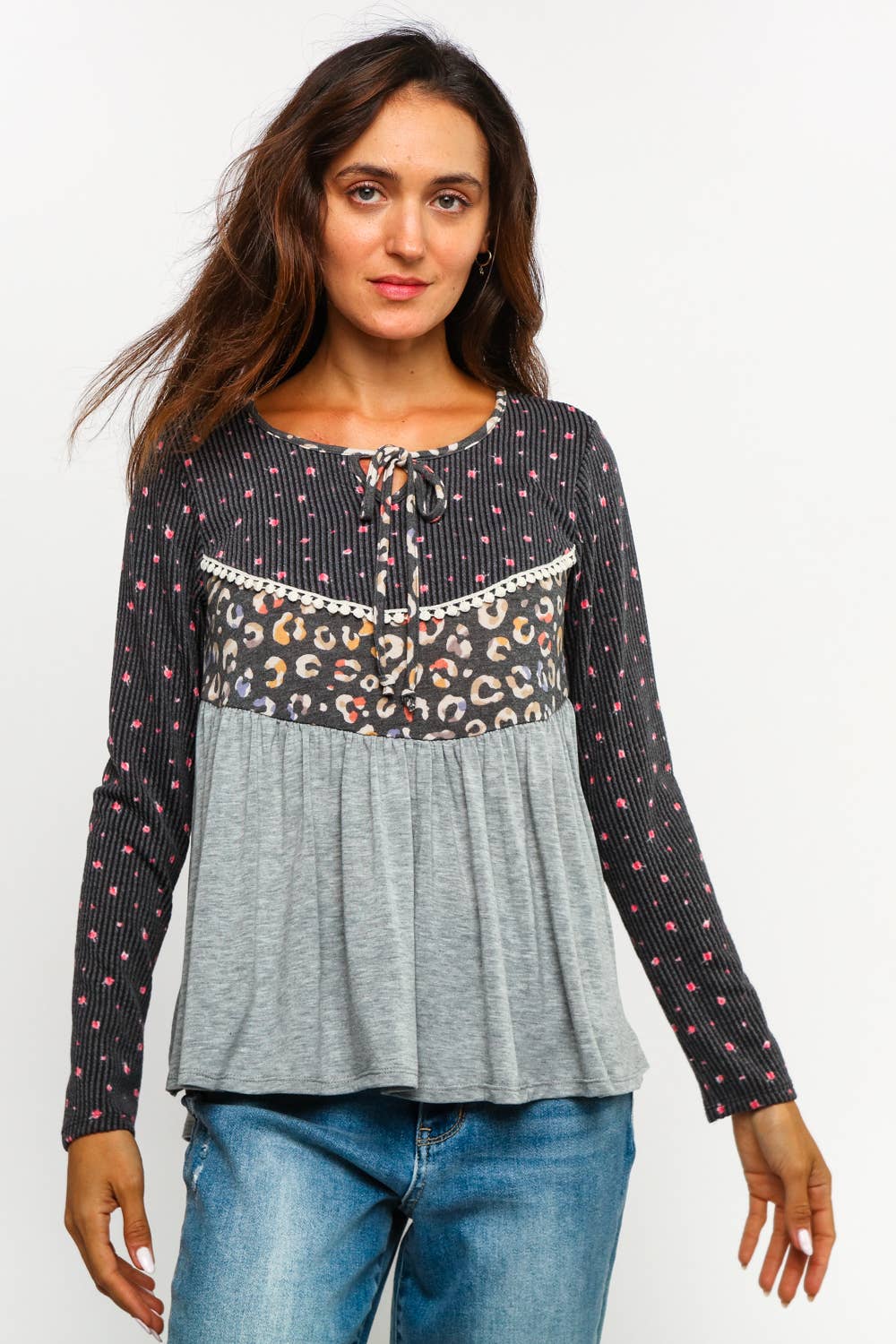 FLORAL LEOPARD BABYDOLL KNIT TOP