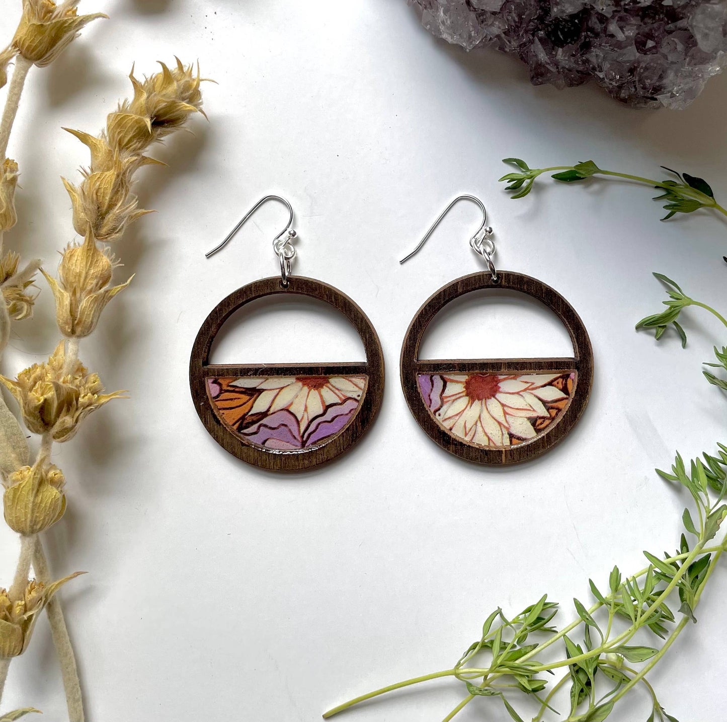 Natural Dark Wood Earrings - retro purple earthy mod flower