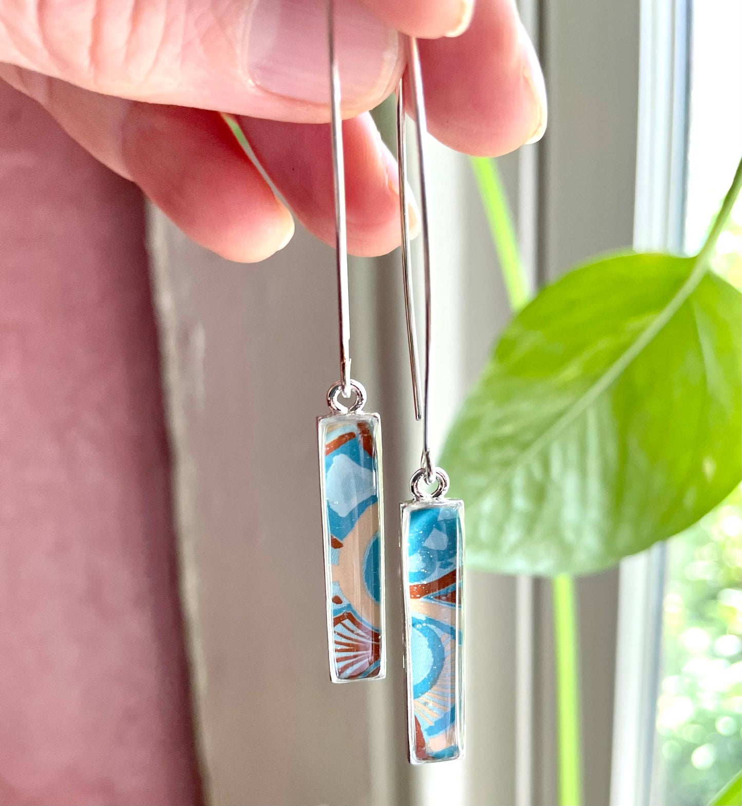 Rectangle Drop Earrings - earthy blue & tan deco, minimalist