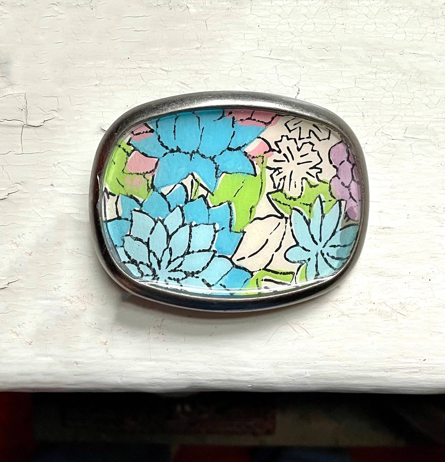 Belt buckle, pastels - vintage flowers, preppy, pink + green