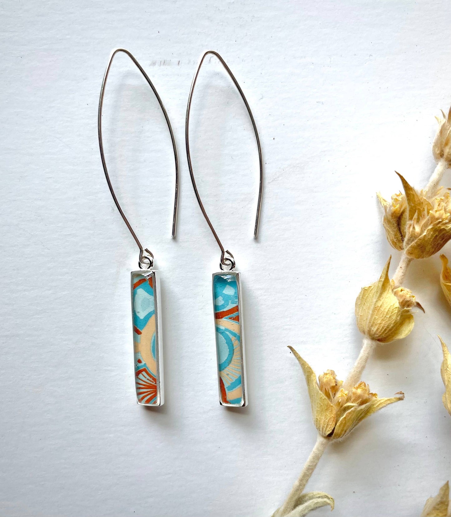 Rectangle Drop Earrings - earthy blue & tan deco, minimalist