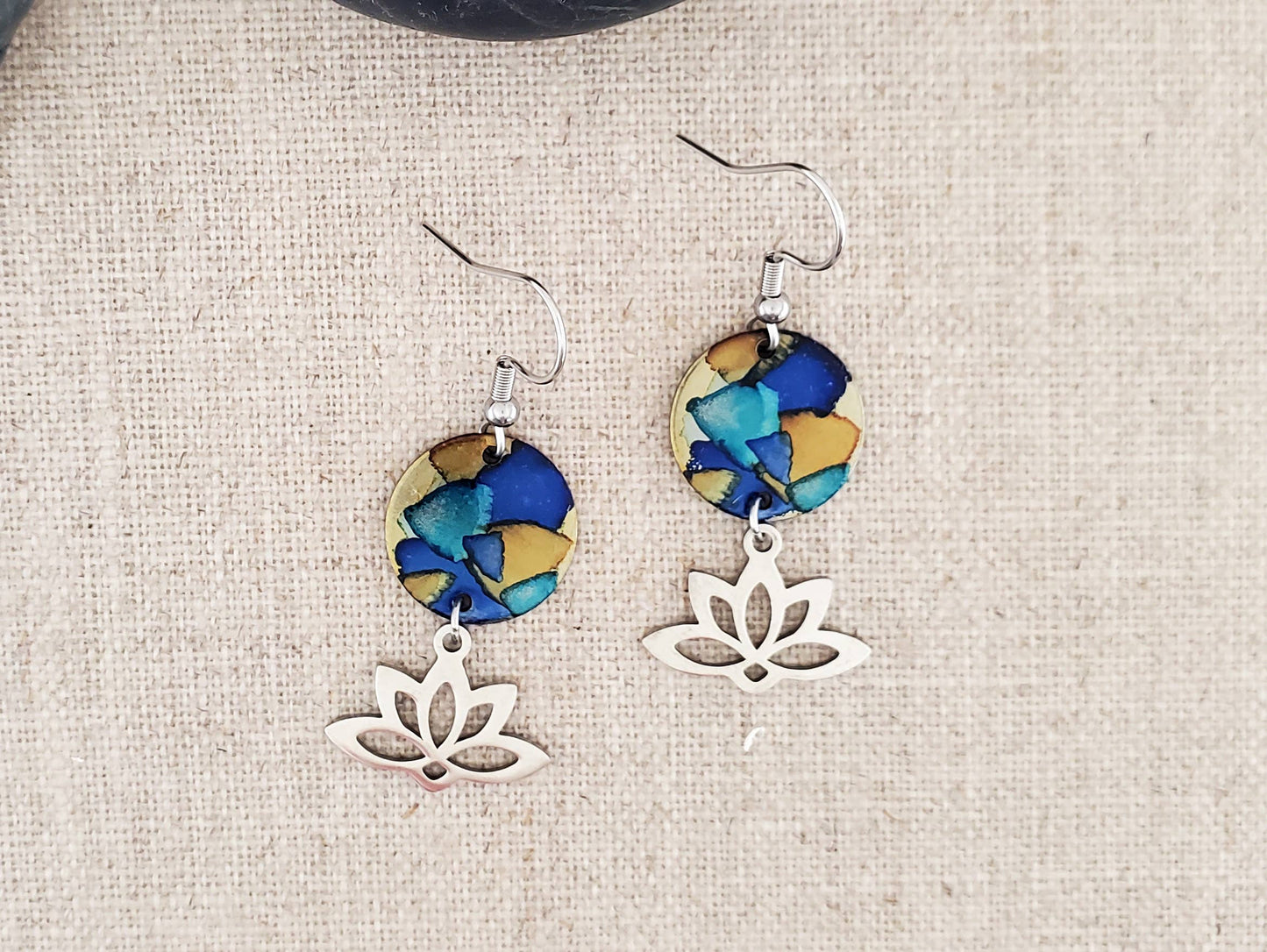 Alcohol Ink Stainless Steel Connector Lotus Earrings