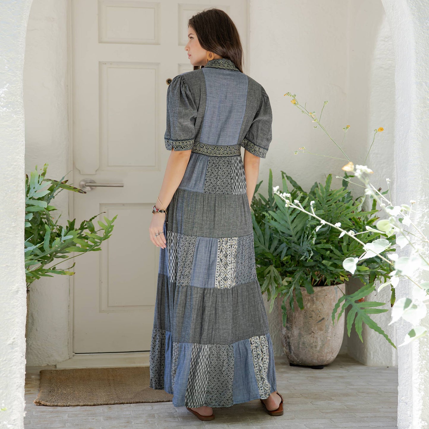 Eclectic Charm: Stone-Washed Rayon V-Neck Long Dress New