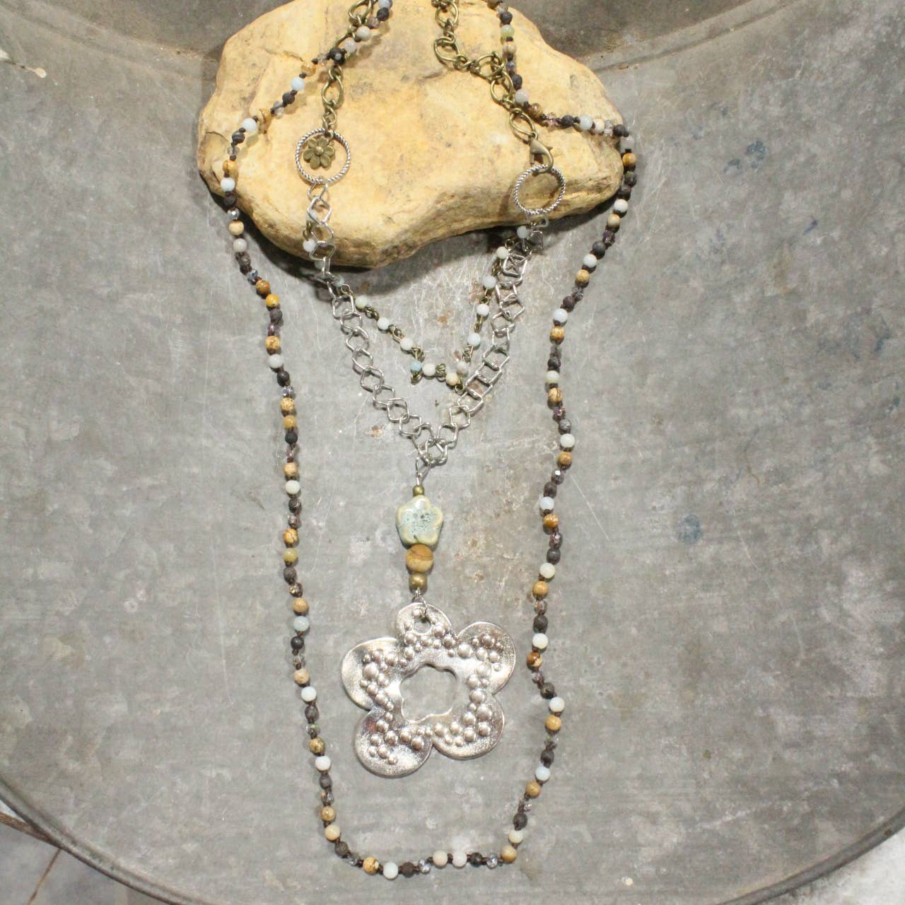 Three Wishes Silver Stone Layered Flower Pendant Necklace