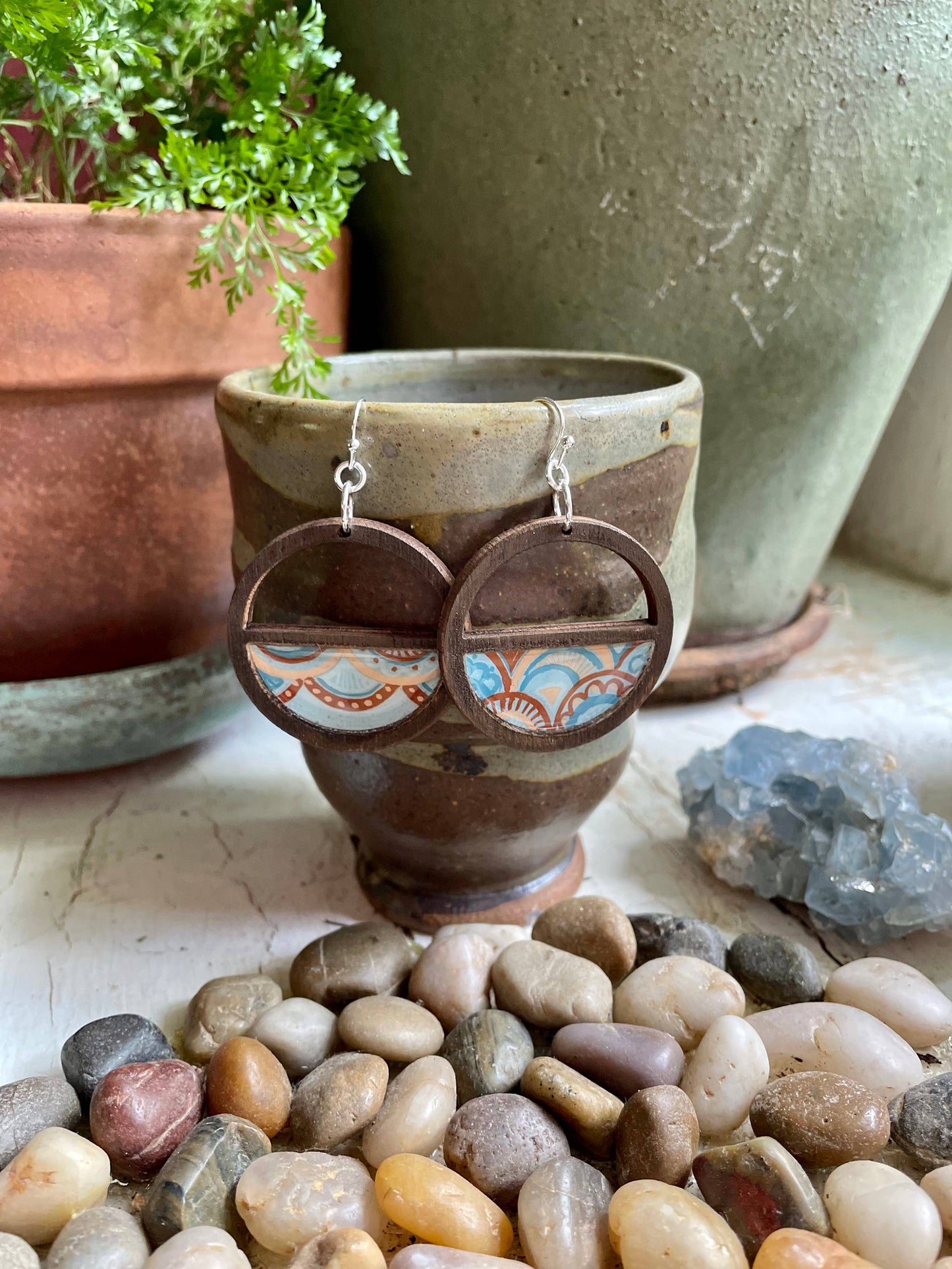 Natural Dark Wood Earrings - blue deco inspired, light!