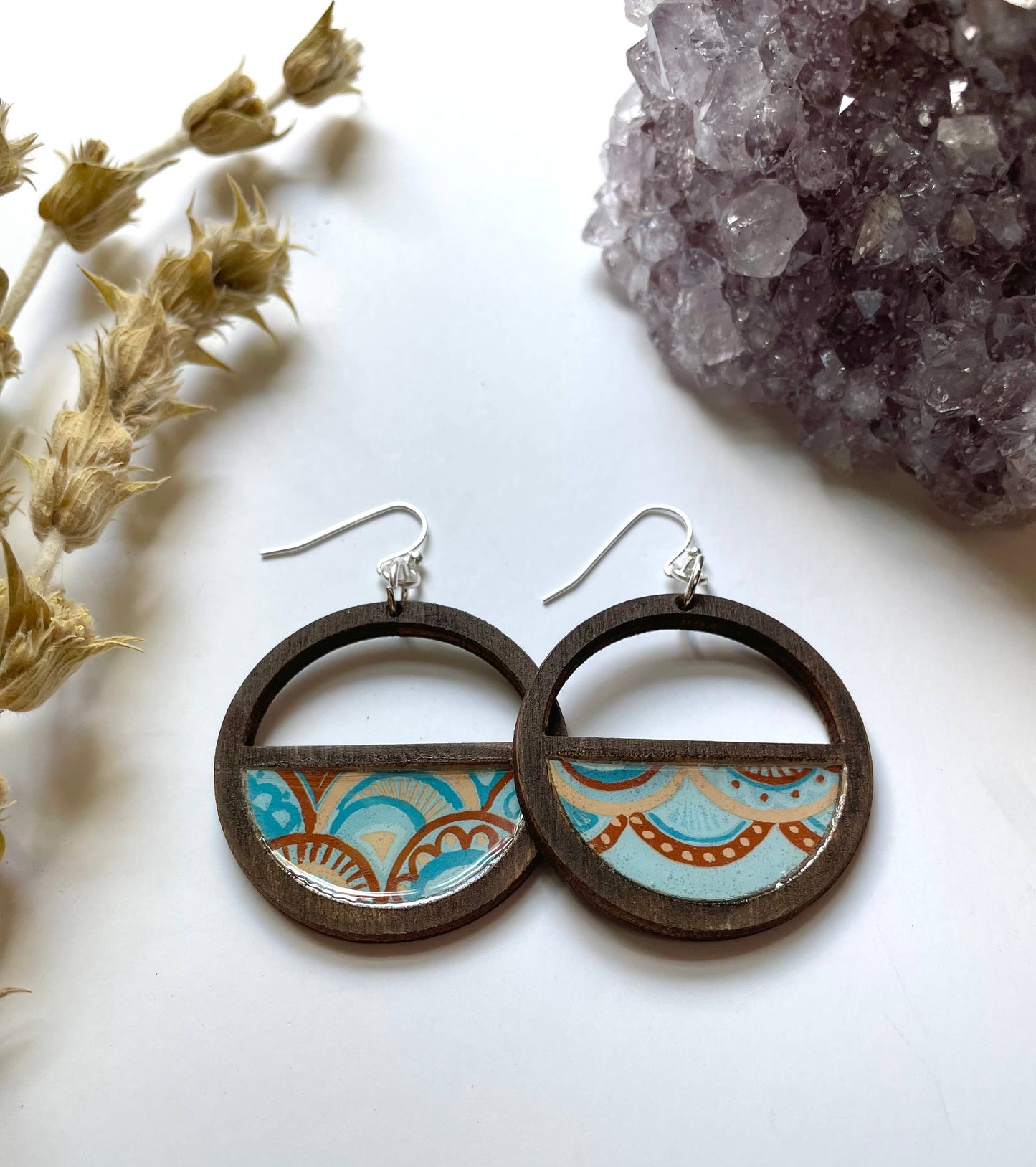 Natural Dark Wood Earrings - blue deco inspired, light!