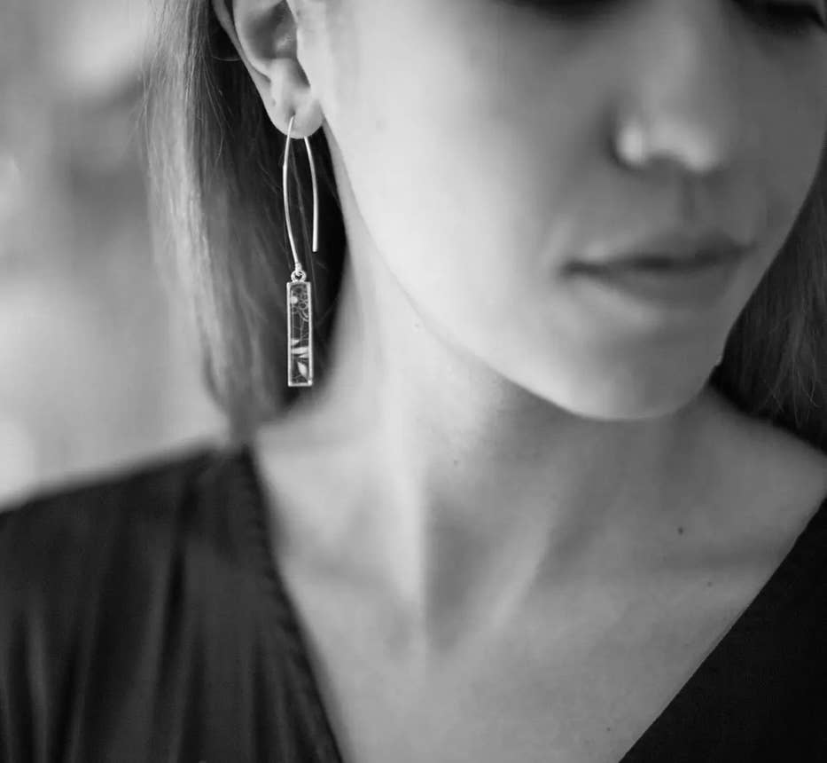 Rectangle Drop Earrings - earthy blue & tan deco, minimalist