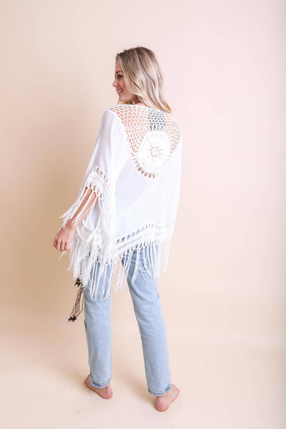 Festival-Ready Crochet Back Tasseled Kimono Jacket π€