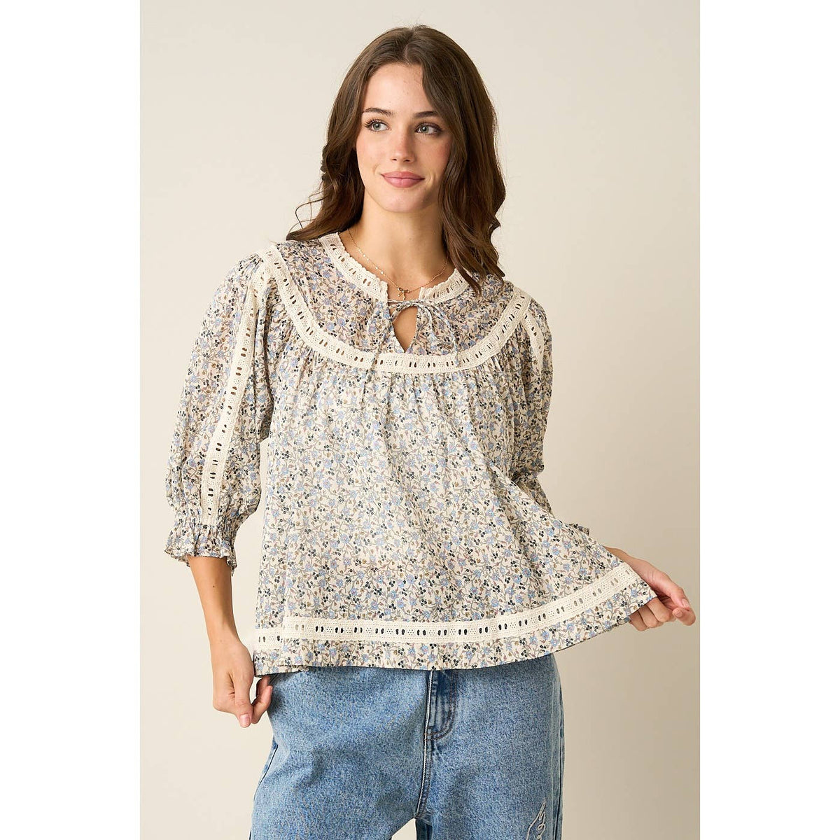 Floral Crochet Trim Boho Blouse