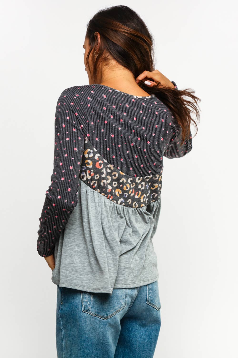 FLORAL LEOPARD BABYDOLL KNIT TOP