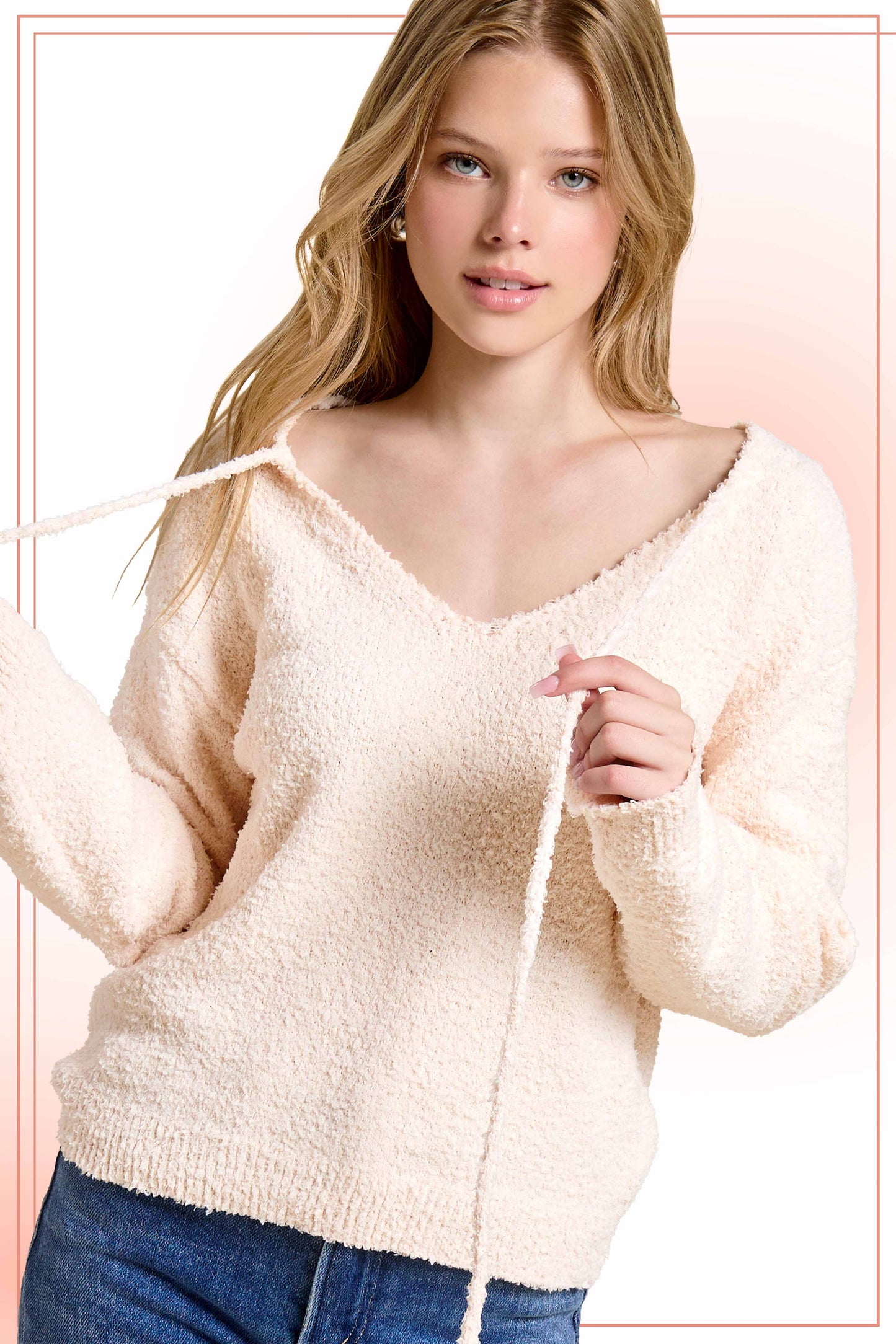 Fuzzy Reversible Drawstring V-Neck Sweater