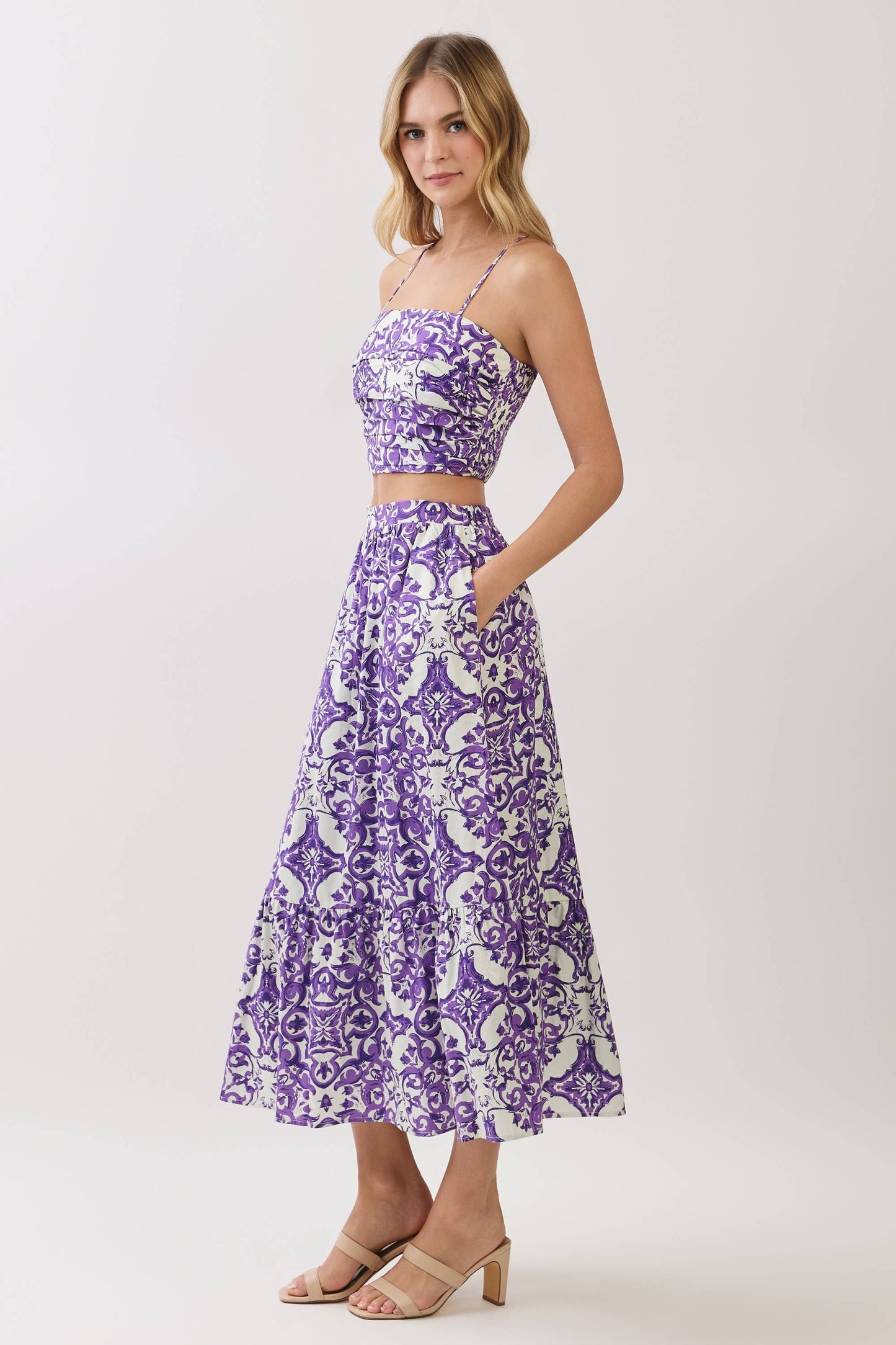 CS4076-Baroque Print Tiered Midi Skirt