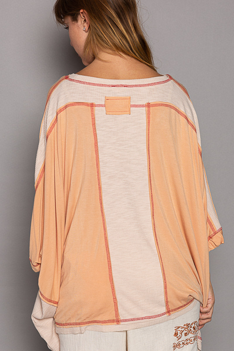 Apricot Knit Top with Contrast Stitching