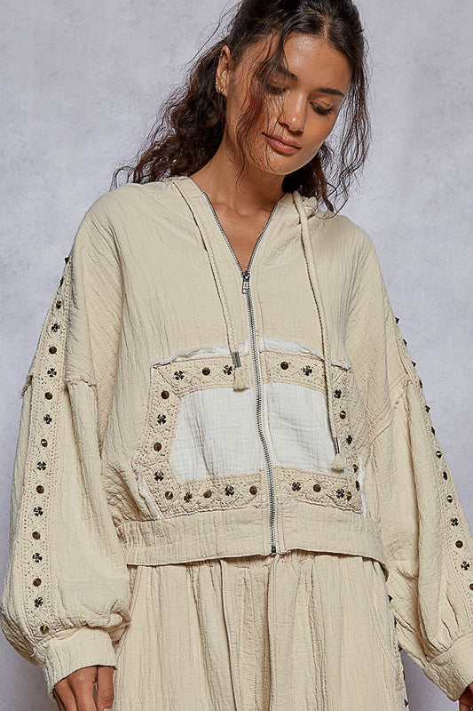 Vintage Boho Zip Jacket with Stud and Lace Details