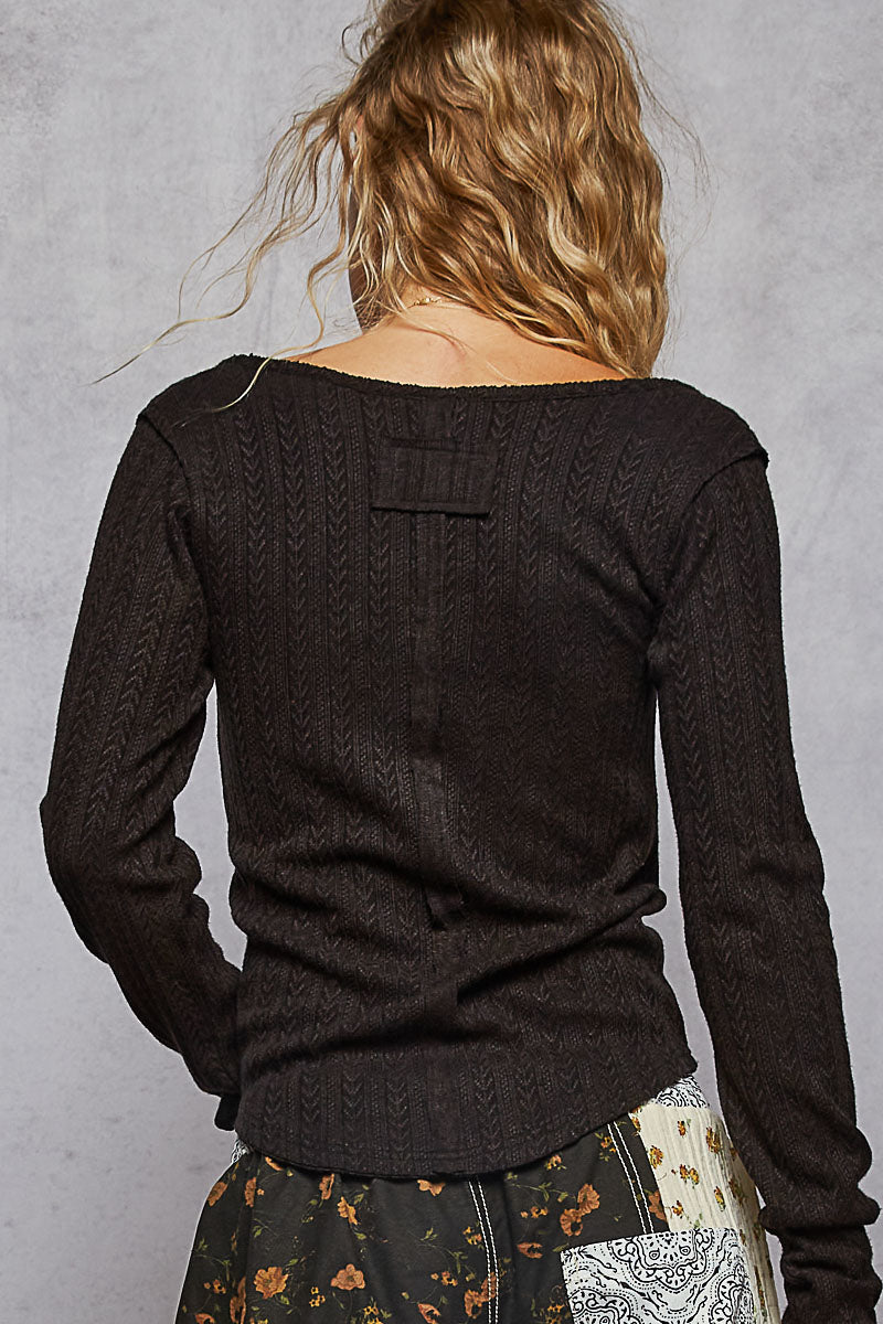 Classic Black Ribbed Square Neck Henley Top