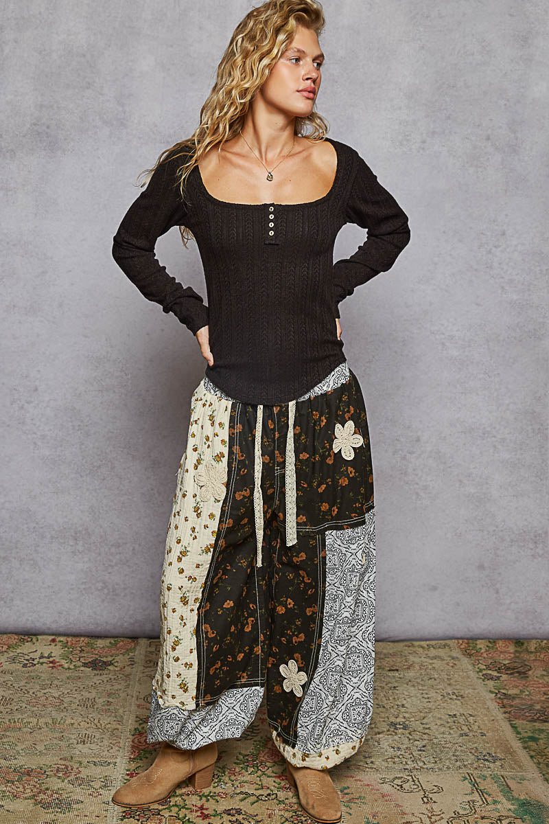 Classic Black Ribbed Square Neck Henley Top