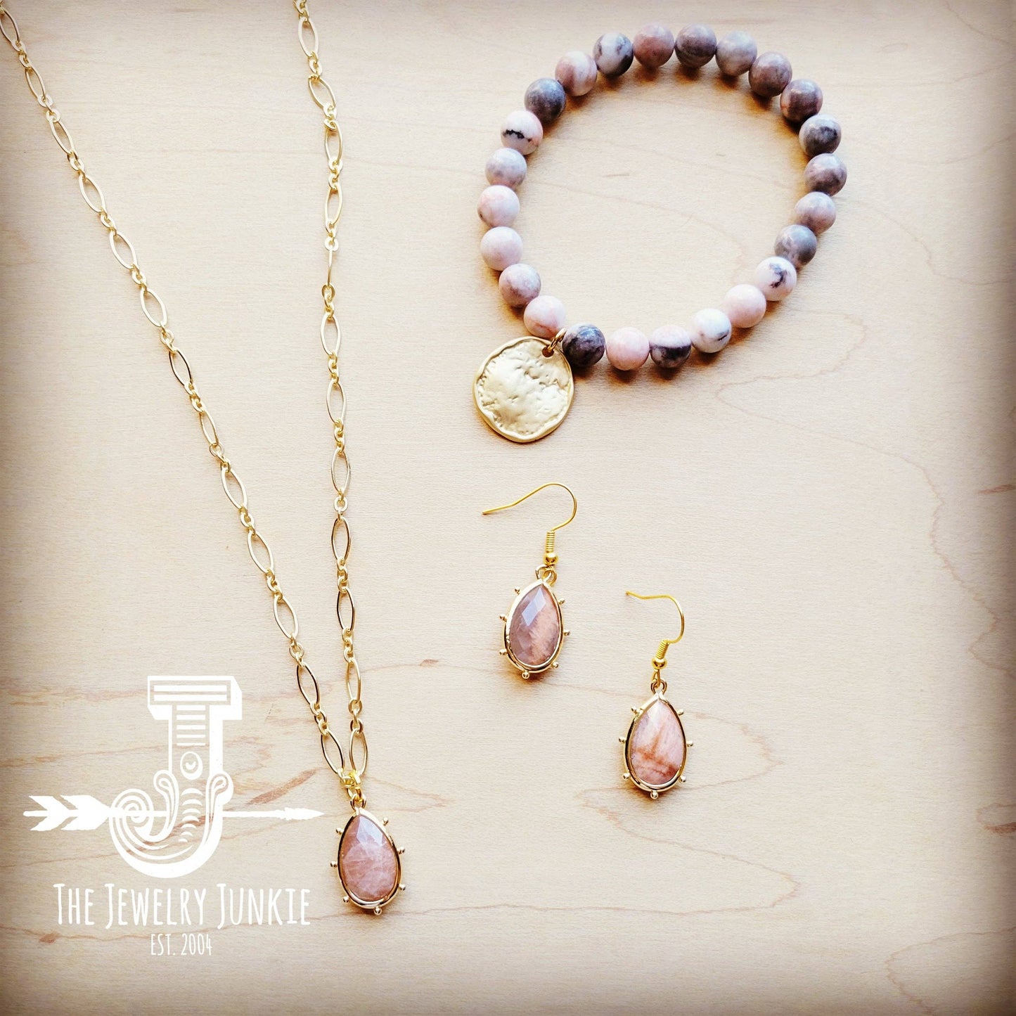 **Zebra Jasper Beaded Stretch Bracelet w/ Matte Gold Dangle