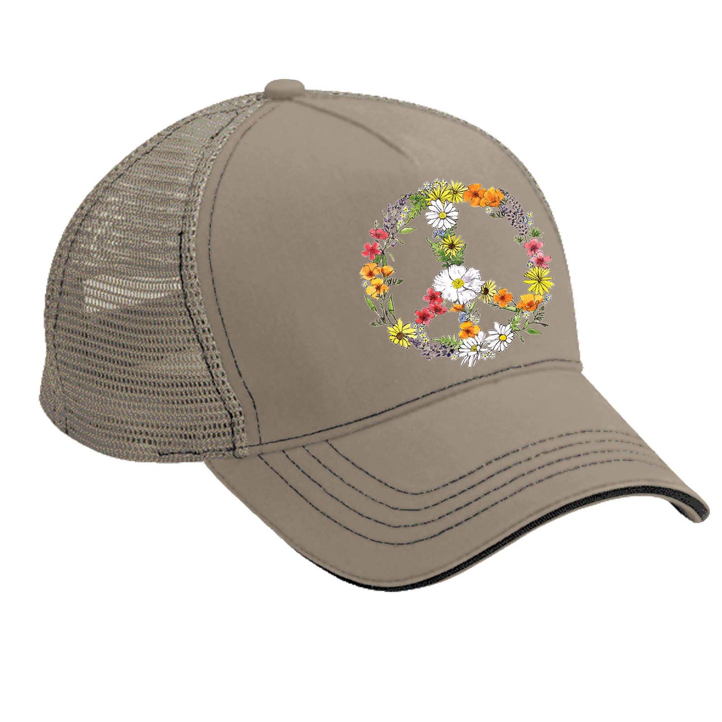 Floral Peace Sign cotton Twill/Mesh Back Trucker Hat
