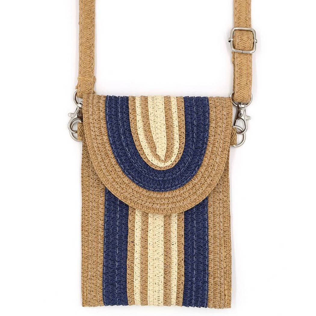 STRIPED PATTERN STRAW CELLPHONE CROSSBODY BAG