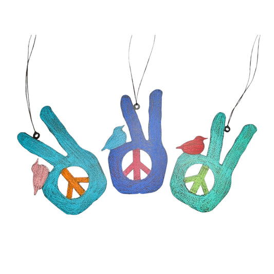 Peace sign ornament hippie hand bird metal gift recycled USA
