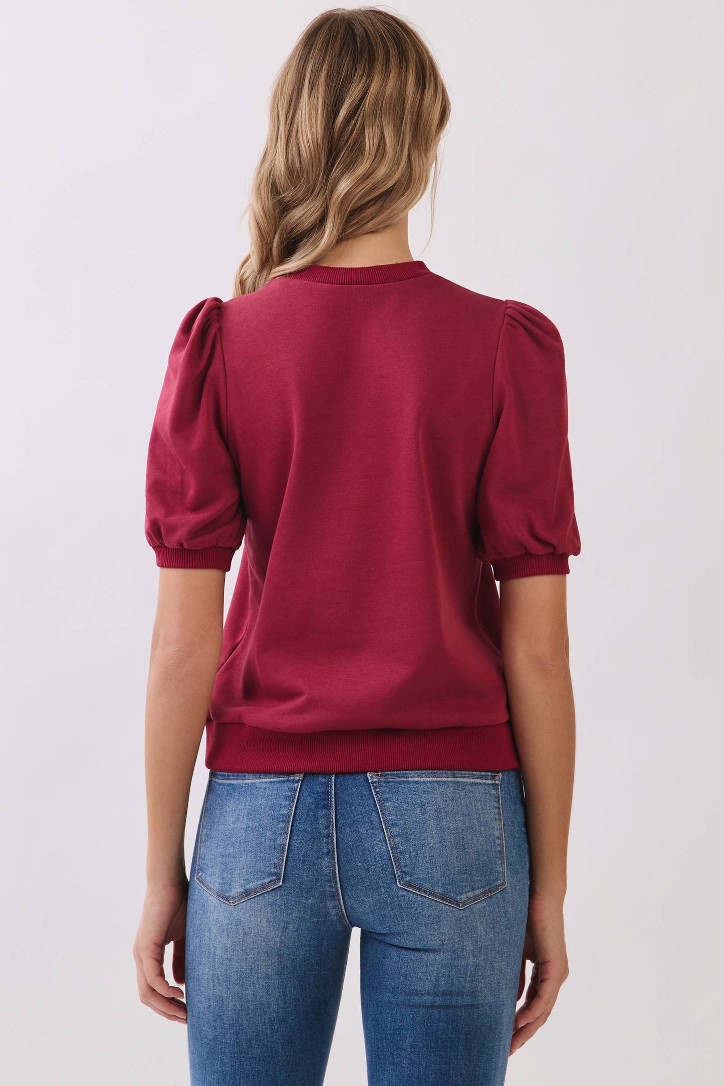 CT8936-Crew Neck Short Puff Sleeves Knit Top