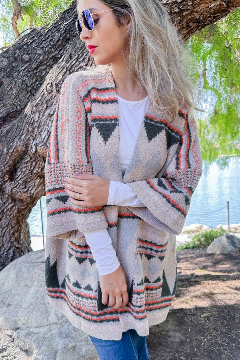 Olive Aztec Soft Knit Open Front Cardigan With Pocket