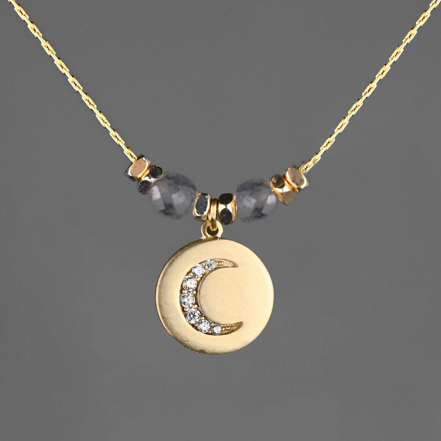 Pave Moon w/ Semi Precious Stones Necklace