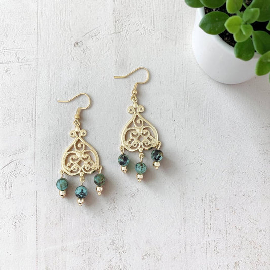 Brass Chandelier and African Turquoise Earrings