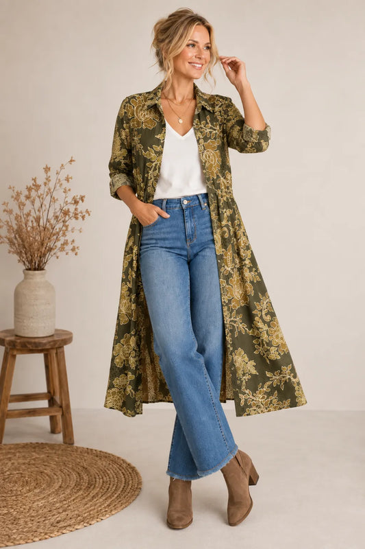 Linique Paisley Button Down Self sash Midi Dress- Olive