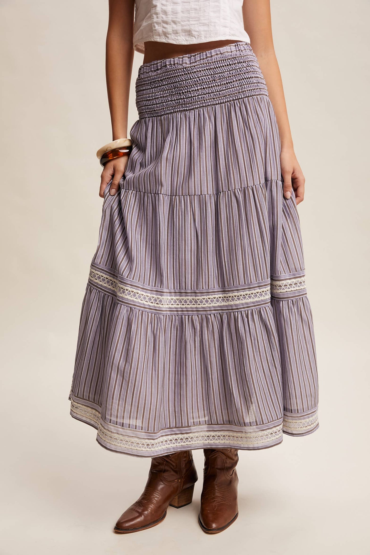 Striped Smocked Maxi Skirt with Embroidery Accents LSK0280