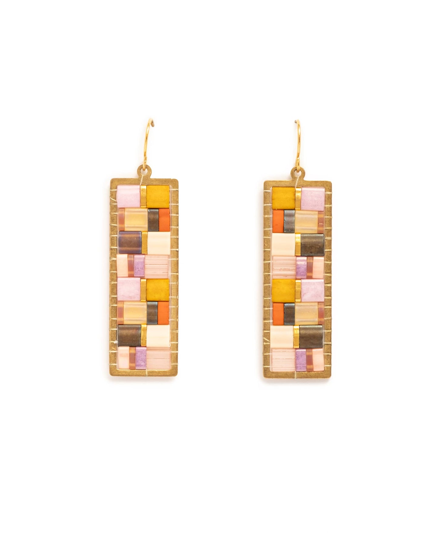 Beaded Handwoven Mosaic Tila and Brass Earrings (Aqua/Red)