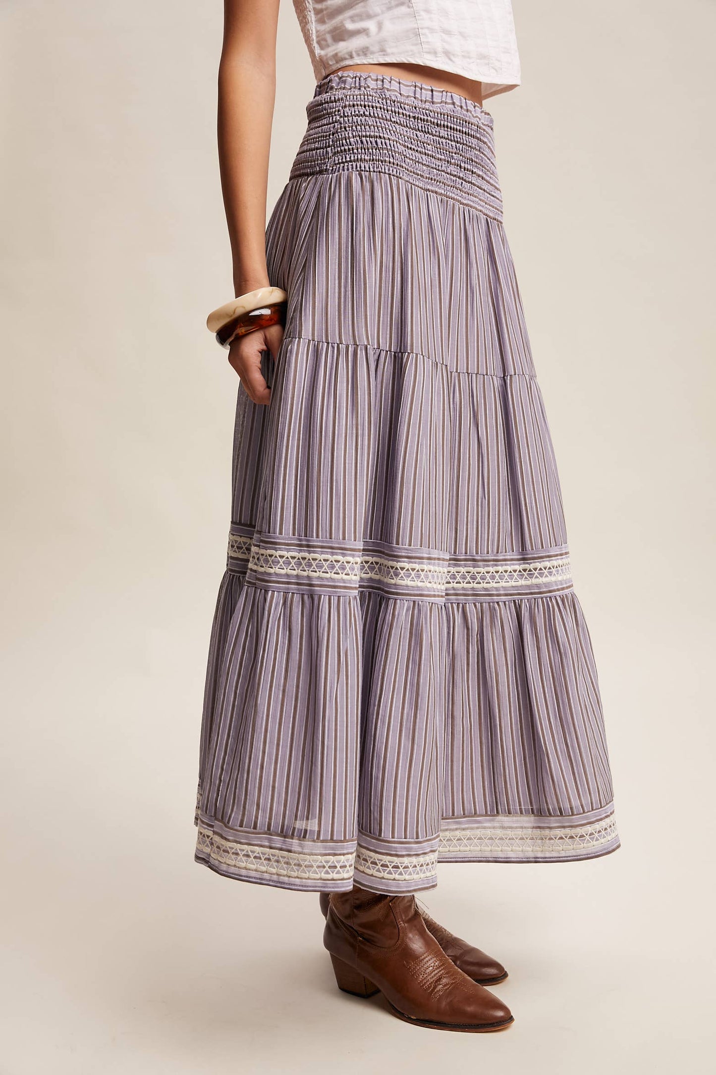 Striped Smocked Maxi Skirt with Embroidery Accents LSK0280