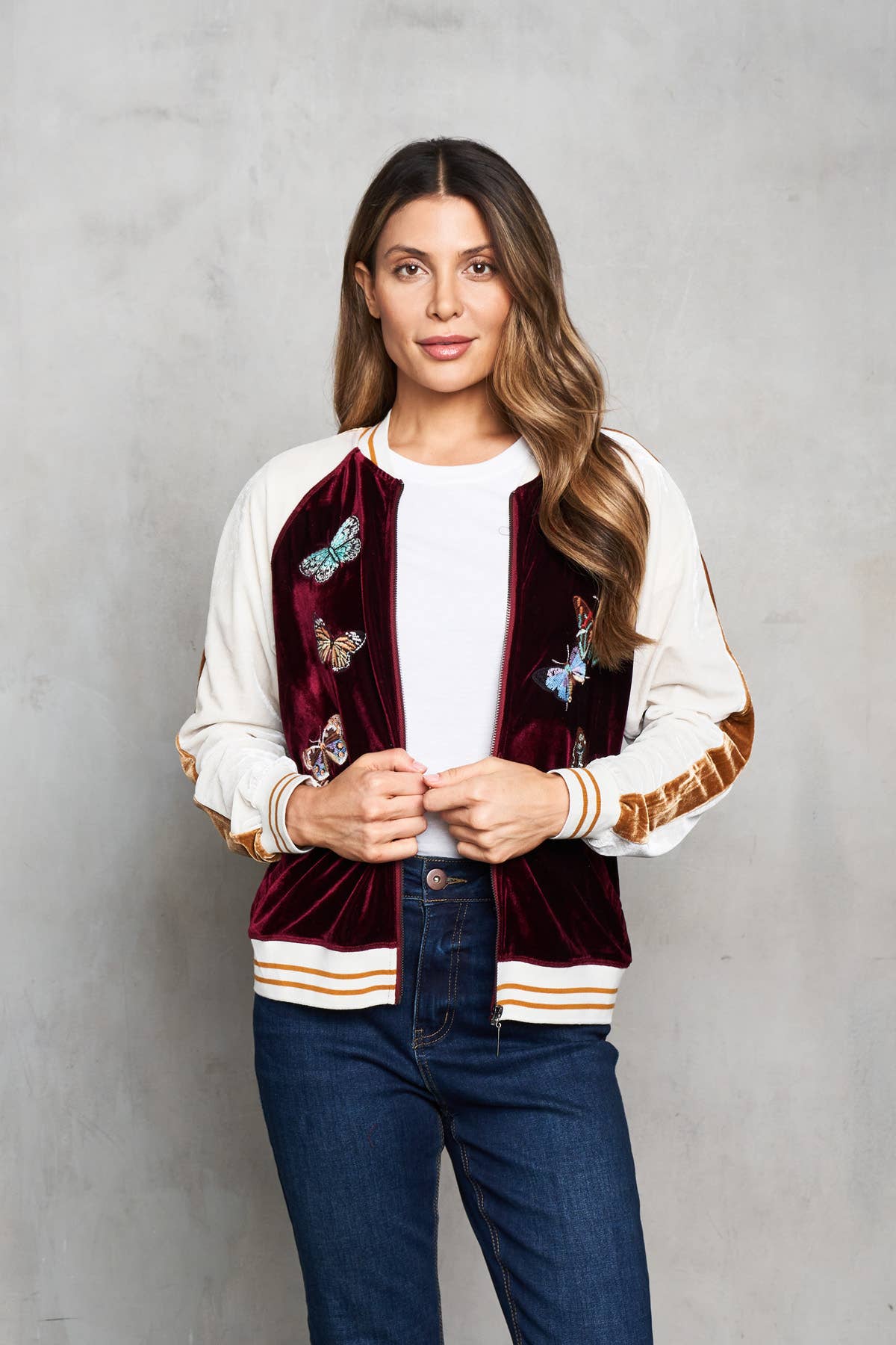 Velvet Embroidered  Baseball Jacket with Butterflies