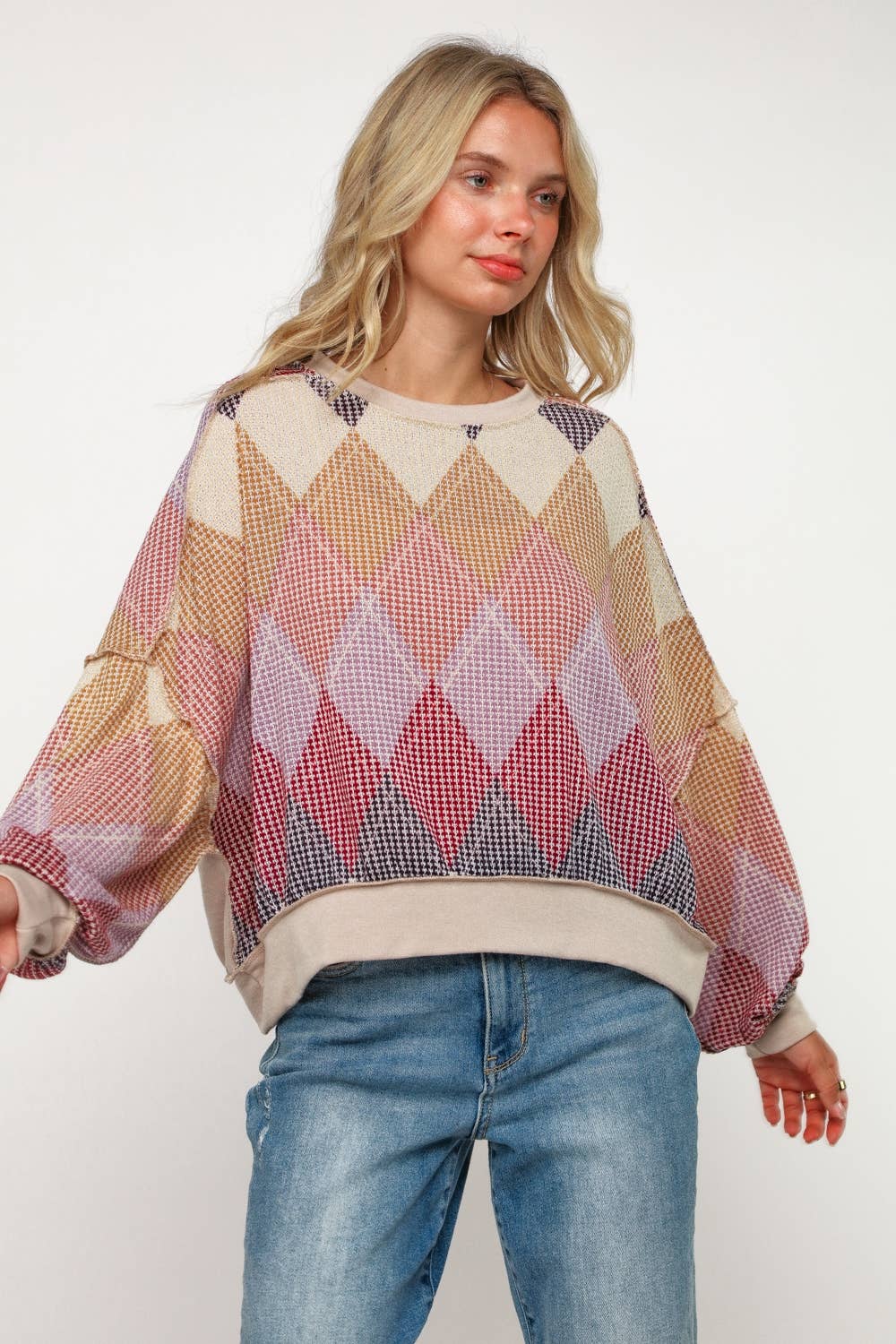 Argyle Print Oversized Long Sleeve Knit Top