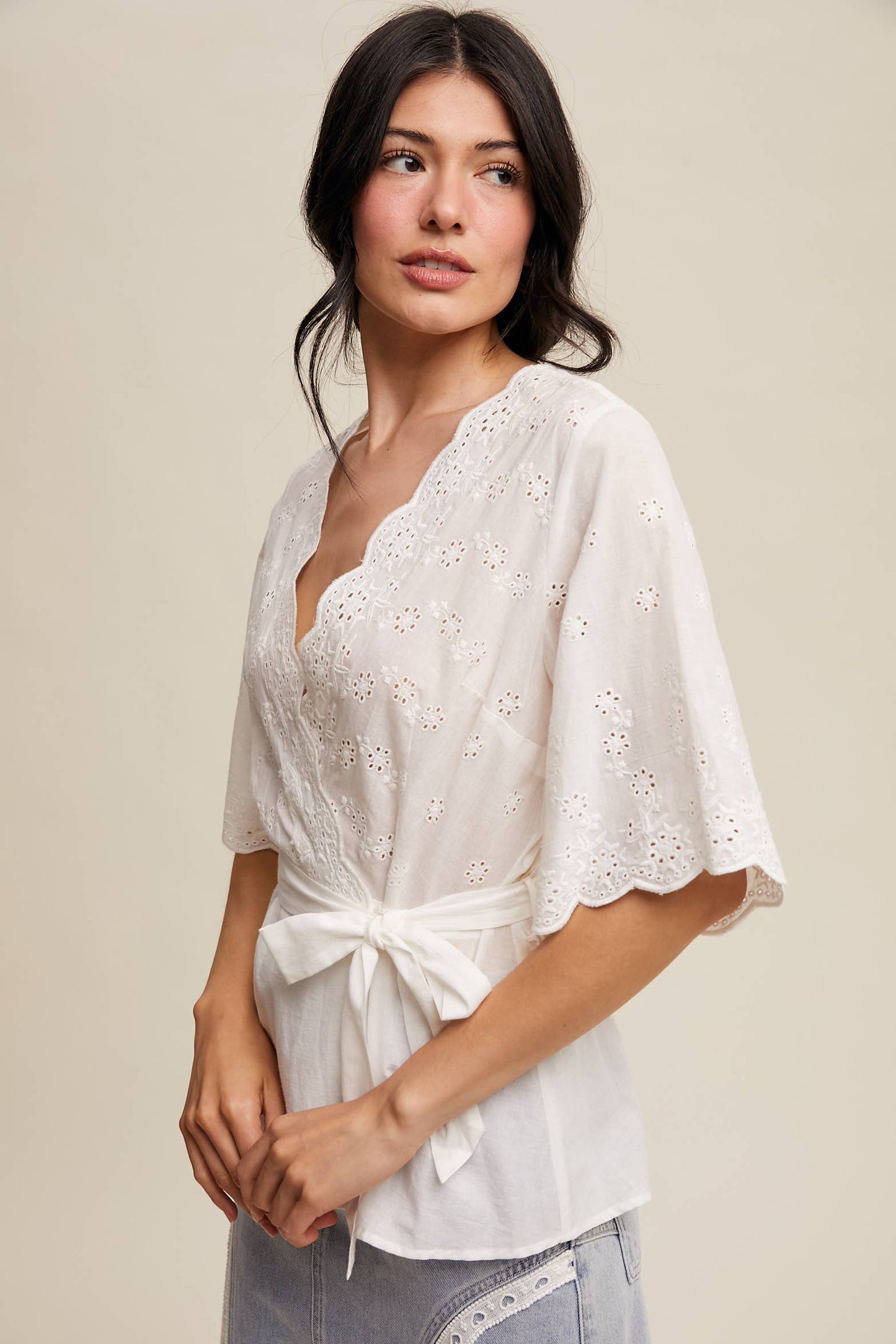 Eyelet Embroidered Wrap Blouse