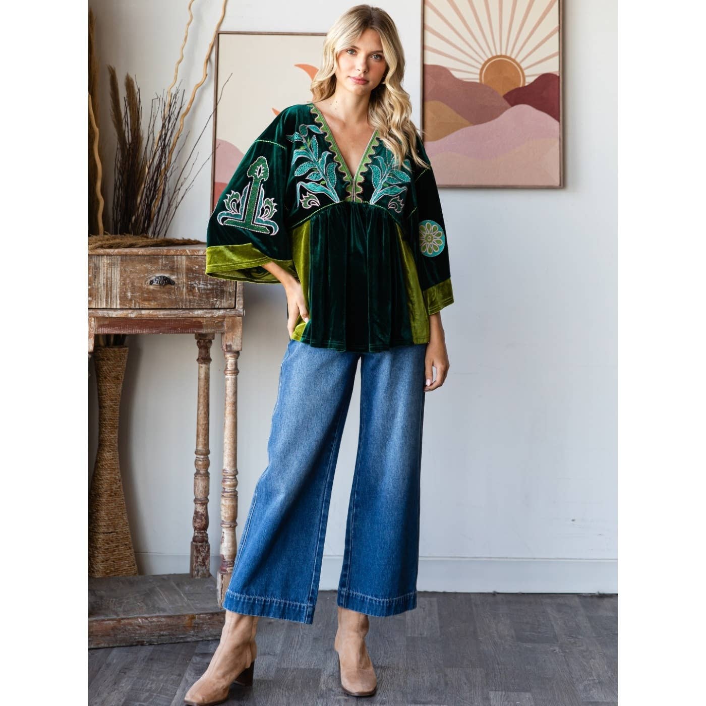 Evergreen Dreams Embroidery Velvet Top